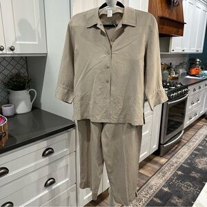 Vintage Dress Barn 80’s Beige Khaki Silk Linen  Embroidered Pants Suit Set M/L